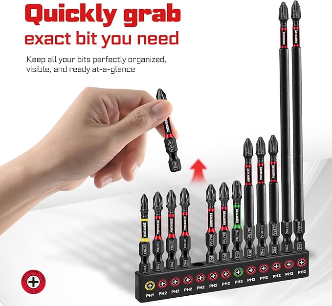 13pcs Impact #1#2#3 Phillipes Screwdriver Bits Set, 2??3??6??(PH1/PH2/PH3) Magnetic S2 Steel Cross Driver Bits Set and 1pc 3??Impact Bit Holder with Color Coded Base