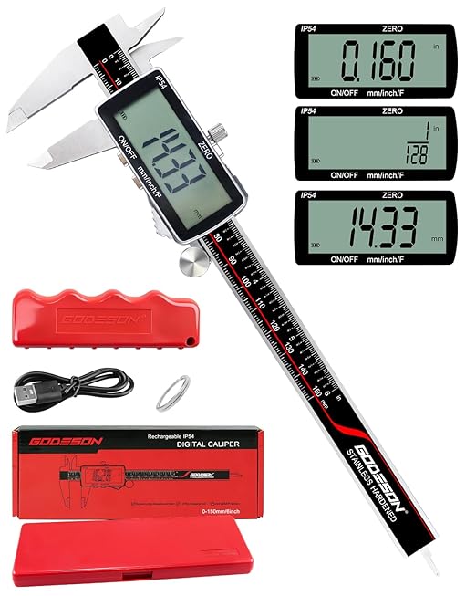 Digital Caliper, 6 Inch Rechargeable & Power Indicator Caliper Measuring Tool - 0.01mm Accuracy, Large LCD Vernier Calipers - IP54 & Stainless Steel, MM/Inch/F for Metal & Wood Working, 3D Printing