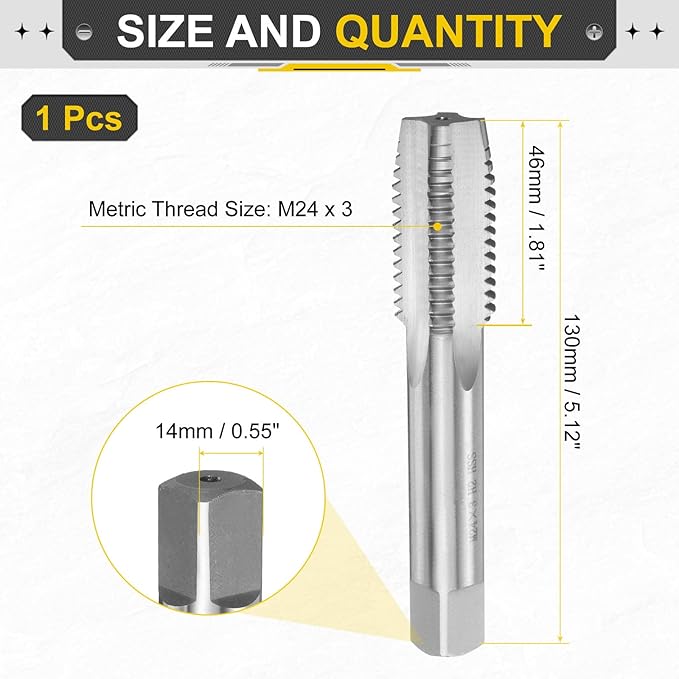 uxcell Hand Plug Tap M24 x 3 H2 Metric Thread Plug Style Taps Straight Flute Screw Tapping Threading Tool High Speed Steel HSS6542