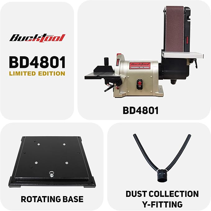 BUCKTOOL Bench Belt Sander with Rotating Base and Dust Collection Fitting, Belt Sander for Woodworking 4 in. x 36 in. Belt & 8 in. Disc with 3/4HP Direct-drive Motor with Rotating Base, BD4801