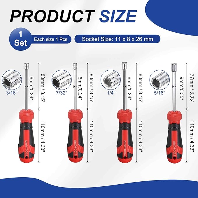 HARFINGTON 4 Pcs SAE Nut Driver 3/16" / 7/32" / 1/4" / 5/16" CR-V Non-Magnetic Tip Hollow Shafts Hex Socket Screwdriver with Anti-Slip Handle for Automobile Repair Bit Driver