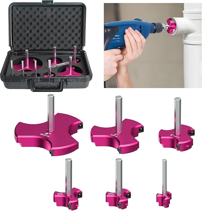 6Pcs Triple Blade PVC Pipe Reamer Kit 3 Blades Pipe Fitting Saver Tool for Plumbing with Triple Blade & 1/4-Inch Hex Shaft for PVC SCH40 ABS CPVC (3/4", 1", 1-1/2", 2", 3", 4") Plastic Fitting Reamer