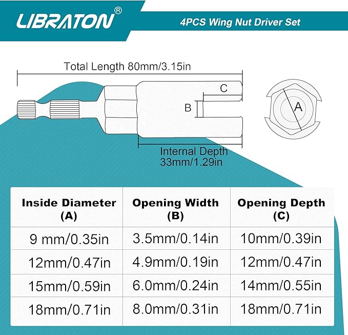 Libraton Wing Nut Driver 4PCS, Wing Nut Driver Bit, 1/4??Hex Shank Wing Nut Driver Set 9mm 12mm 15mm 18mm, Nut Driver Set with EVA Storage for Hook Bolt Installation, Wire Twisting