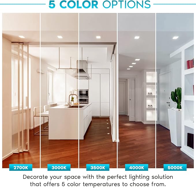 LUXRITE 4 Inch Square LED Recessed Can Lights, 14W=75W, 5 Color Options 2700K-5000K, 950 Lumens, Dimmable LED Retrofit Kit, Wet Rated, IC Rated, Energy Star, ETL Listed (4 Pack)