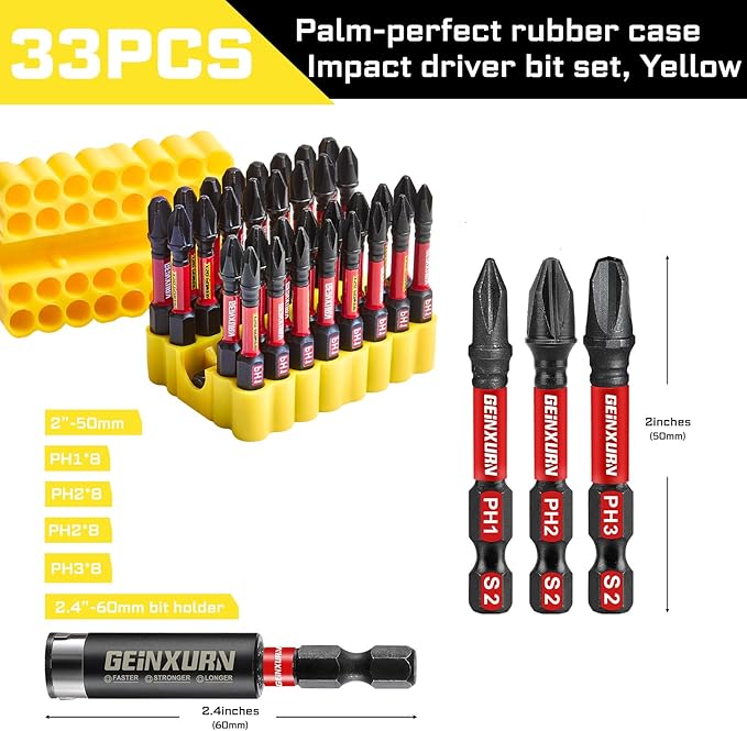 Impact Phillips Screwdriver Bits Set, 33 Pieces 1?쒶agnetic(PH1/PH2/PH3) S2 Steel Multi Cross Driver Bits and 1 Pc Bit Holder with Yellow Soft Base