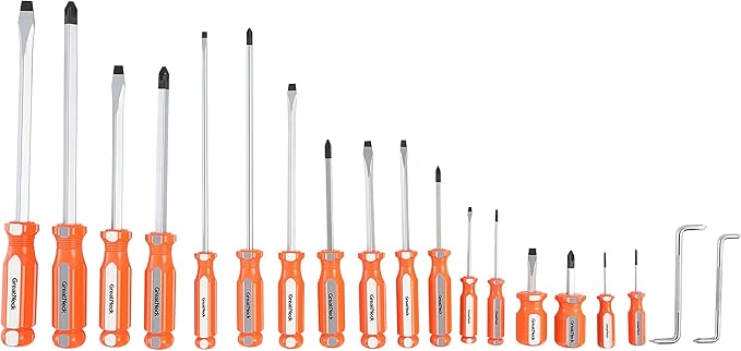 GreatNeck 73775 19 Piece Screwdriver Set, Offset, Phillips, and Slotted Screwdriver Kit, Magnetic Tips, Impact-Resistant Handle with Fluted Design for Sure Grip