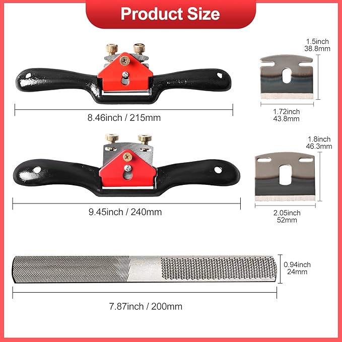 Adjustable Spokeshave Set 2pcs SpokeShave 4pcs Metal Blade and 4-Way Wood Rasp File, Manual Planer with Flat Base, Perfect for Planing, Trimming, Woodworking, Deburring Tools