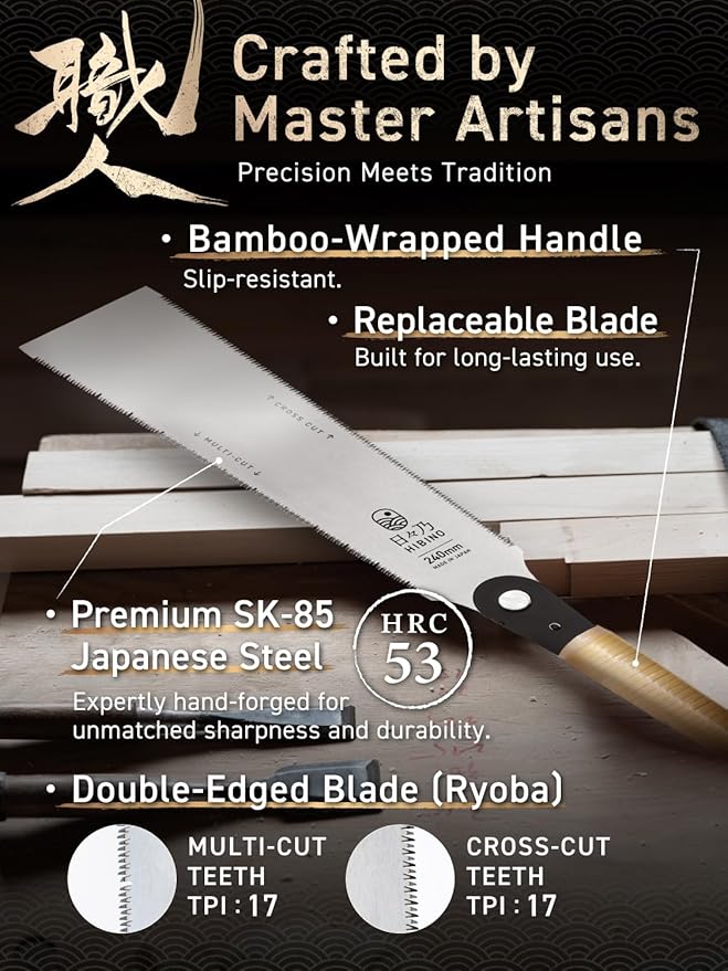 HIBINO Japanese Pull Saw 9.5” Ryoba | Multi-Cut & Cross-Cut Teeth | Lightweight Double-Edge Blade for Dovetails, Tenons & Woodworking | Replaceable Blade | Simple Assembly Required | Made in Japan