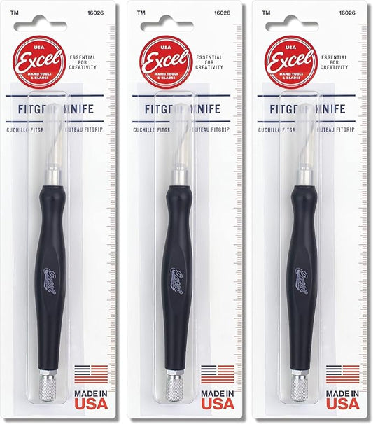 Excel Blades Fit Grip Craft Knife 3-Pack With #11 Ultra-Sharp Carbon Steel Angled Blade ??Precision Hobby Knife with Contoured Rubberized Grip for DIY, Art Crafts ??Black, Made in the USA