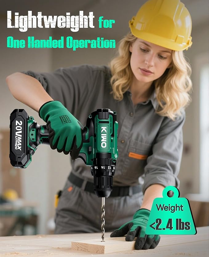 KIMO Cordless Drill Set with 20V 2.0Ah Battery 2 Packs, 0-1350 RPM, Max 350 In-lb Torque, 3/8" Keyless Chuck, 18+2 Clutch Setting, 18pcs Accessories, Power Drill for Drilling Wood Bricks Walls Metal