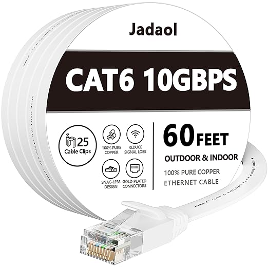 Jadaol Cat 6 Ethernet Cable 60 ft, 10Gbps Support Cat8 Cat7 Network, Flat RJ45 LAN Patch Cable, High-Speed Wired Internet Cable for Router, Modem, Switch, Gaming Consoles, PC, Streaming Devices, White