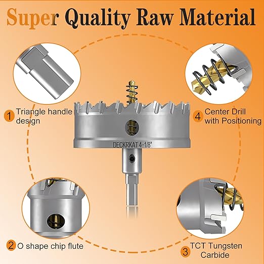 4-1/8" TCT Hole Saw for Hard Metal, Heavy Duty 105mm Tungsten Carbide Tipped Hole Cutter with Spring-Loaded Pilot Drill Bit for Stainless Steel, Metal, Iron, and Plastic.