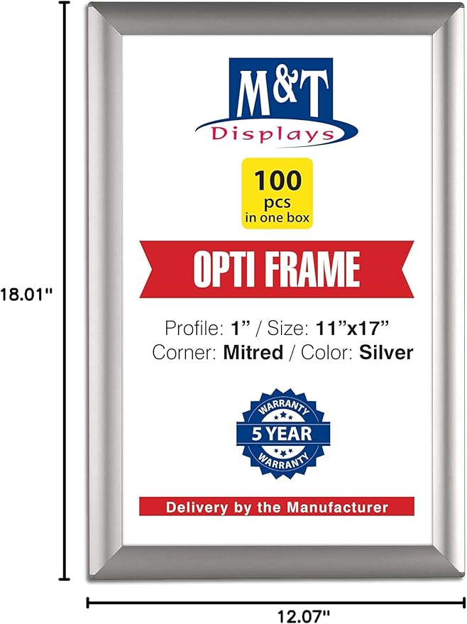 M&T Displays Opti Snap Poster Frame 11x17 Inch Silver 1" Aluminum Profile Front Loading Wall Mounting Photo Picture Document Certificate Sign Holder Mitered Corner Anti Glare Cover (100 pack)