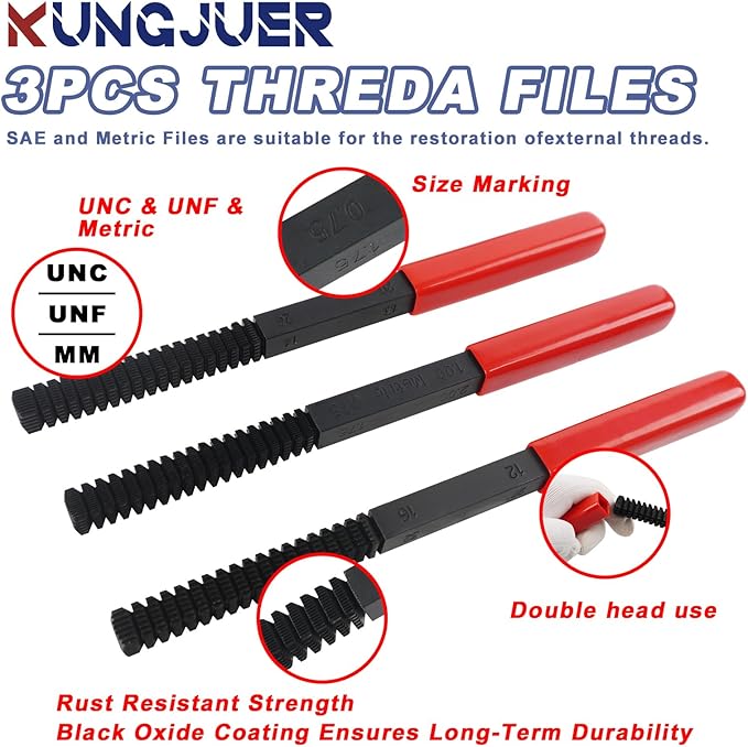 3Pcs Thread File Set, Thread Restorer File Set, Thread Restoring Chaser Files Metric and SAE, High Carbon Steel Thread Repair Tool for Thread Repair File Set, Thread Cleaner Tool
