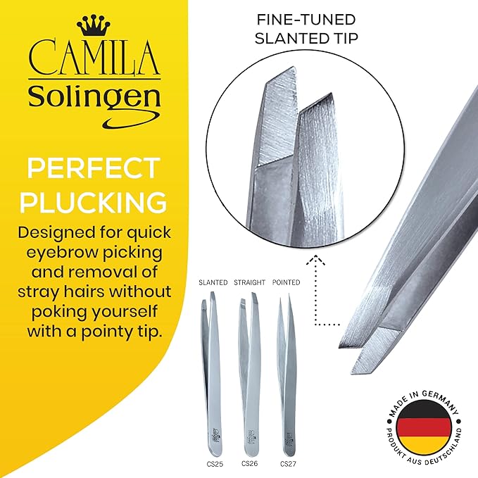 CS25 4" Professional Surgical Grade Stainless Steel Precision Tip Eyebrow Tweezers for Facial Hair Shaping & Removal. Beauty Tool for Men/Women. Made in Solingen Germany (Slanted)