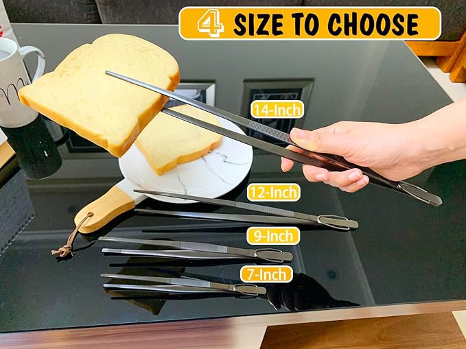 JETKONG Kitchen Tweezers Stainless Steel Food Tweezers Professional Chef Tweezer Kitchen Tools, Set of 3 (7 9 12 Inch, Black)