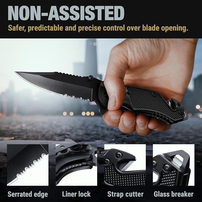 GOOD WORKER Legal Pocket Knife with 2.95??Serrated Blade, Glass Breaker, Seat Belt Cutter - EDC Sharp Folding Knives with Portable Clip - Small Tool for Tactical Camping Survival Hiking - Gifts for Men, Women