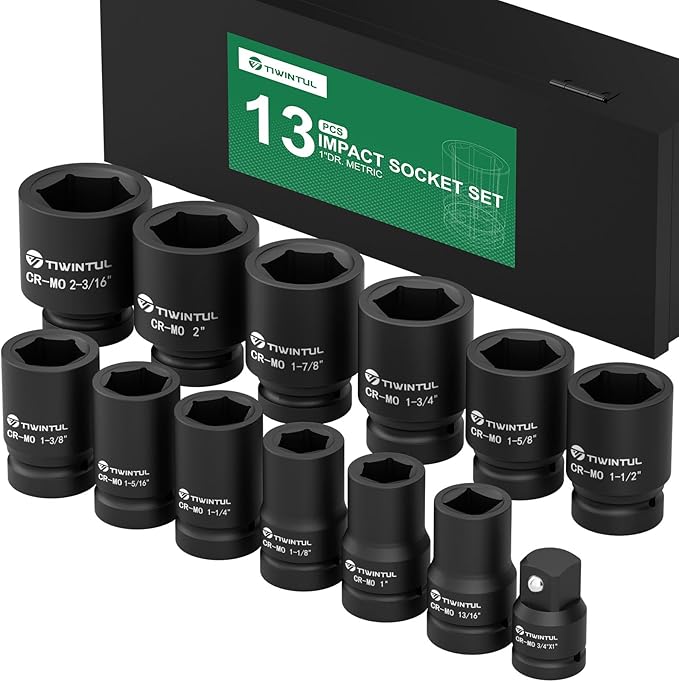 1 Inch Drive Impact Socket Set, SAE, 6 Point,13pcs Large Socket Set(1?? 2-3/16??, 42 CR-Mo Jumbo Impact Socket Kit with 3/4"F x 1"M Adapter & 13/16"Socket, for Truck & Equipment Repair