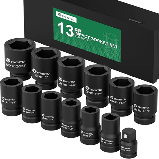 1 Inch Drive Impact Socket Set, SAE, 6 Point,13pcs Large Socket Set(1?? 2-3/16??, 42 CR-Mo Jumbo Impact Socket Kit with 3/4"F x 1"M Adapter & 13/16"Socket, for Truck & Equipment Repair