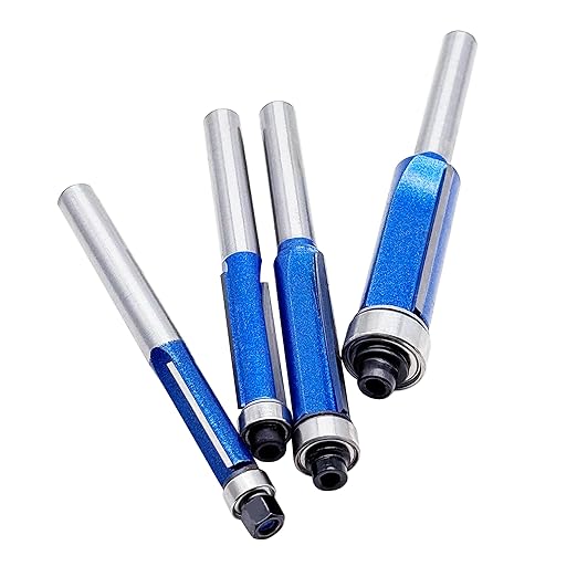 Flush Trim Router Bit Set，4 PCS – ¼″ Shank Top-Bearing Solid Carbide Router Bits for Wood, MDF, Chipboard & Plywood – Cutting Diameters ¼″ • 5⁄16″ • 3⁄8″ • ½″