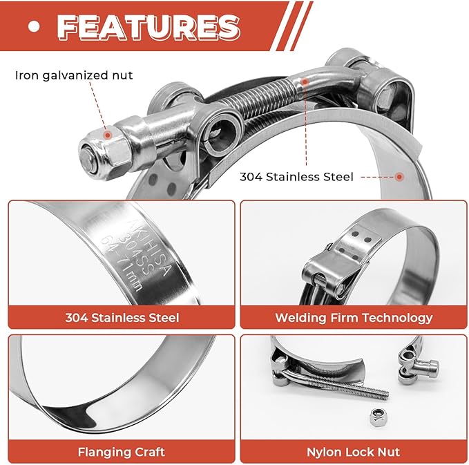 6 Pack 1-3/16 inch T-Bolt Hose Clamps, Stainless Steel_304 Working Range 38mm-43mm for 1-3/16" Hose ID, Turbo Intake Intercooler Clamp for Automotive
