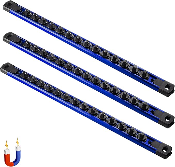ALOANES 3-Piece Magnetic Socket Organizer, Heavy Duty Aluminum Socket Rails Organizer, 360째 Swivel Clips Socket Rail Set For Sockets Storage, 1/4-Inch Socket Holder x 42 Clips (Blue)