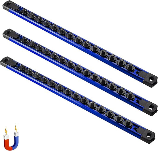 ALOANES 3-Piece Magnetic Socket Organizer, Heavy Duty Aluminum Socket Rails Organizer, 360째 Swivel Clips Socket Rail Set For Sockets Storage, 1/4-Inch Socket Holder x 42 Clips (Blue)