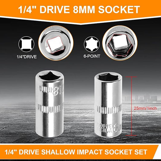 Utoolmart 1/4" Drive 8mm Socket, Shallow Socket Set, for General Repairs, 6-Point, Metric, Cr-V, 2pcs