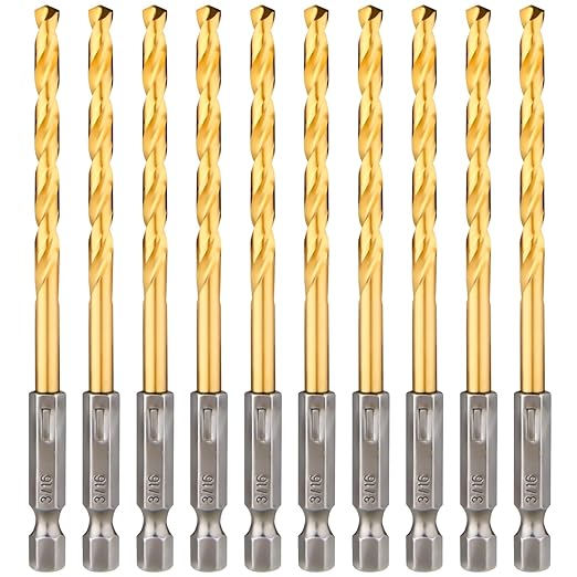 Hex Shank Drill Bits - Set of 10Pcs, 3/16 Inch Premium 4341 HSS Titanium Impact Hex Drill Bits for Wood, Steel, Metal, Plastic, Quick Change Design