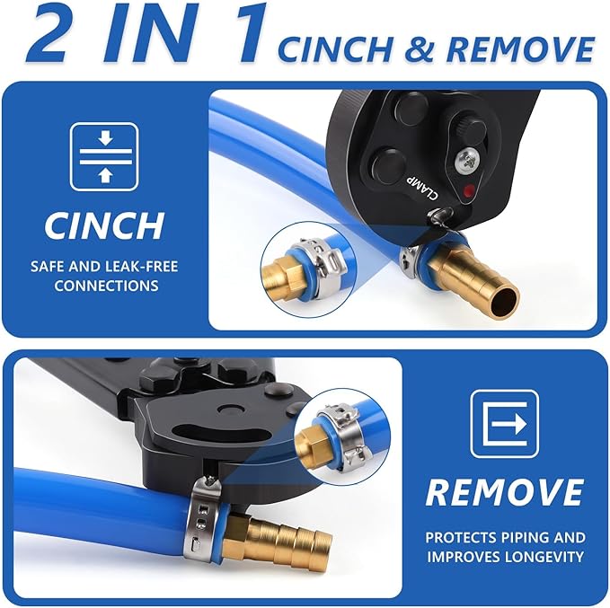 2 IN 1 Ratchet PEX Crimping Tool Kit - Cinch and Remove Dual Function Suitable for 3/8" to 1" Stainless Steel Clamps with Pex Cutter and Stainless Steel Pex Clamps 1/2" 25PCS, 3/4" 10PCS
