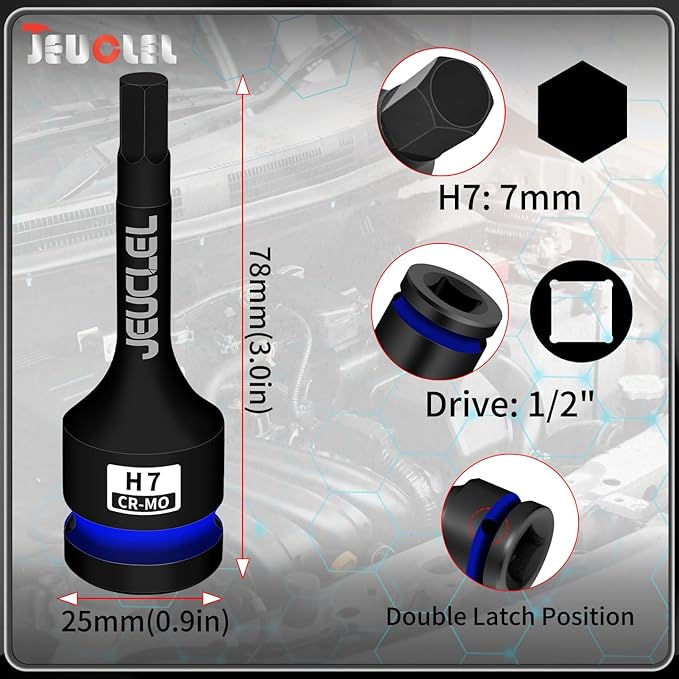 7mm Hex Impact Bit Socket, H7 1/2-Inch Impact Drive Allen Socket, Cr-Mo Steel Lengthen Hex Screwdriver Adapter for Electric Ratchet Wrenches Fastening Screws