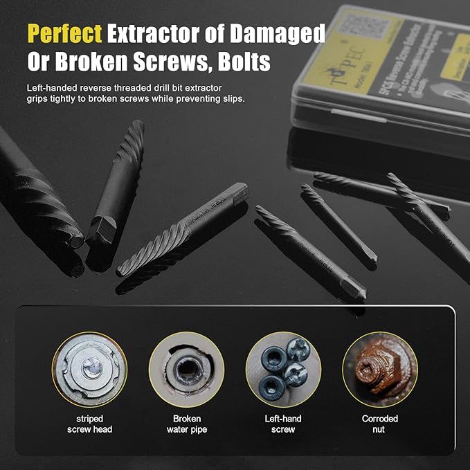 TOPEC Damaged Screw Extractor Set, 7 Piece Easy Out Bolt Extractor for Easily Remove Broken Bolts, Stripped Screws, Studs - Christmas Stocking Stuffers Gifts for Men