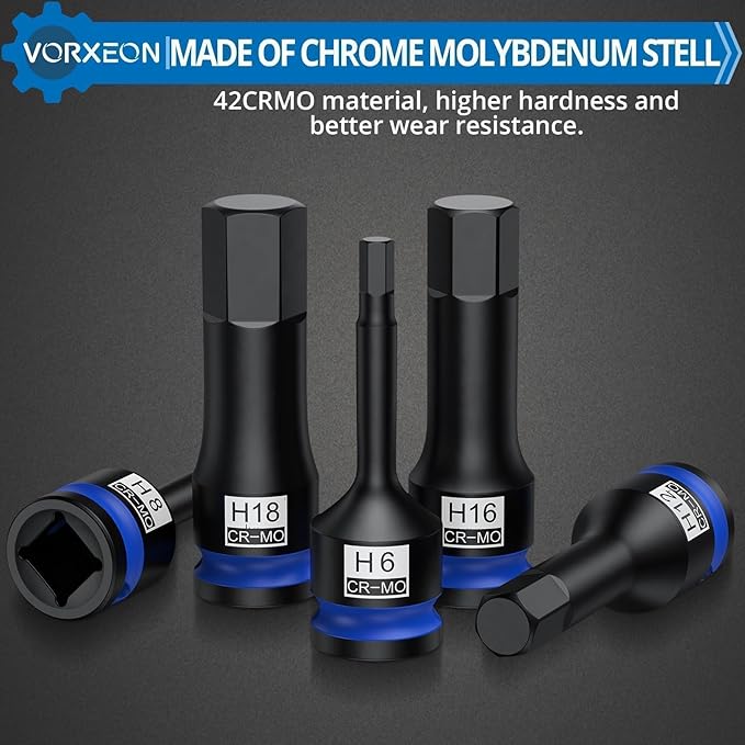 10 Pcs 1/2" Drive Metric Impact Allen Hex Bit Socket Set 42 Cr-Mo 5mm - 19mm One-piece construction with Storage case for Automotive repair