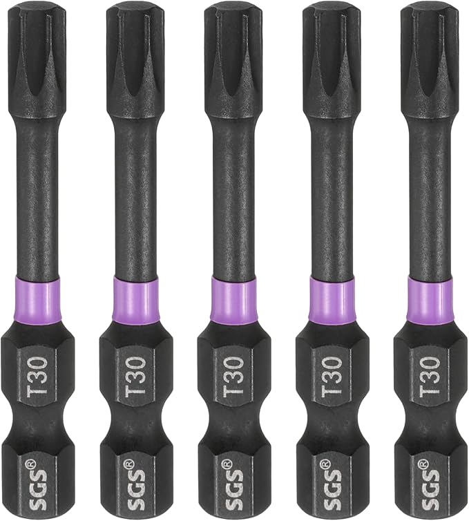 HARFINGTON 5pcs T30 Torx Head Impact Screwdriver Bits 1/4" Hex Shank 2" (50mm) Long Magnetic No Hole Tamper Proof 6 Point Star Screw Driver Drill Bits Phosphate S2 Steel Power Tools