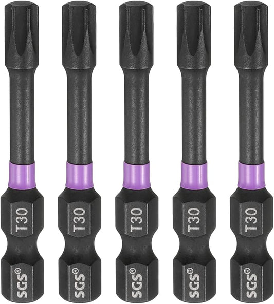 HARFINGTON 5pcs T30 Torx Head Impact Screwdriver Bits 1/4" Hex Shank 2" (50mm) Long Magnetic No Hole Tamper Proof 6 Point Star Screw Driver Drill Bits Phosphate S2 Steel Power Tools