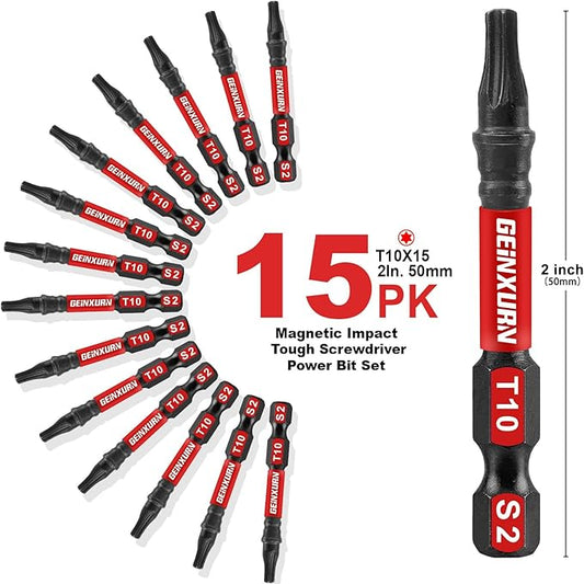 15 Pieces T10 Impact Tough Magnetic Screwdriver Bit Set, 2 In. #10 Torx Head Power Bit Set, S2 Alloy Steel T10 Star Bit Set