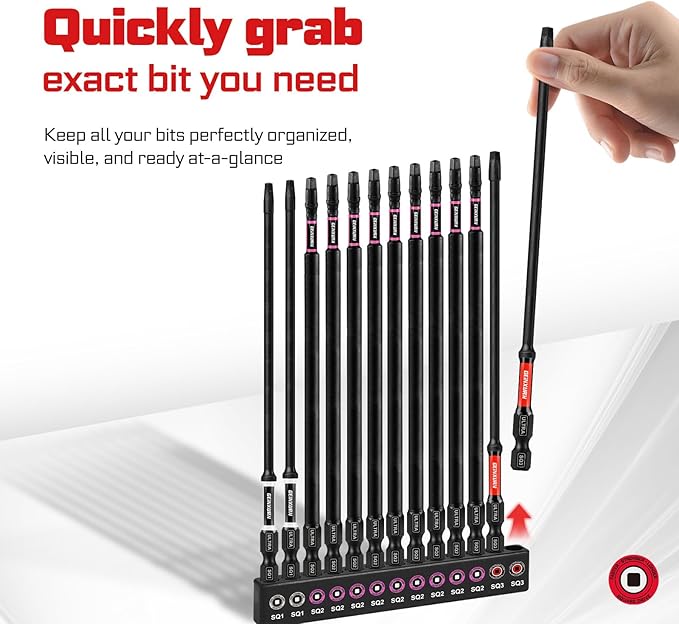 Double Impact #1#2#3 Square Screwdriver Bits Set, 13pcs 6??(PH1/PH2/PH3) Magnetic D2 Steel Long Extension Driver Bits Set with Color Coded Base