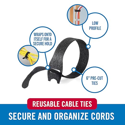 Velcro Brand Reusable Cable Ties ??Mens Stocking Stuffers 2025, 100 Pack 6 Inch Cable Management Ties, Cord Wraps for Electrical Cords, Black