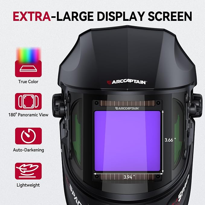 ARCCAPTAIN Auto Darkening Welding Helmet with Side View, 180째 Panoramic View, 1/1/1/1 True Color Large Viewing Welding Hood with 4 Arc Sensor Solar Powered, Wide Shade 4/5-9/9-13 for TIG MIG ARC CUT