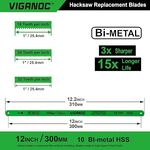 12" Hacksaw Replacement Blades Set, Bi-Metal High Speed Steel Hack Saw Blade Sets - 18T - 24T - 32T HSS Saw Blades, 10 Pack