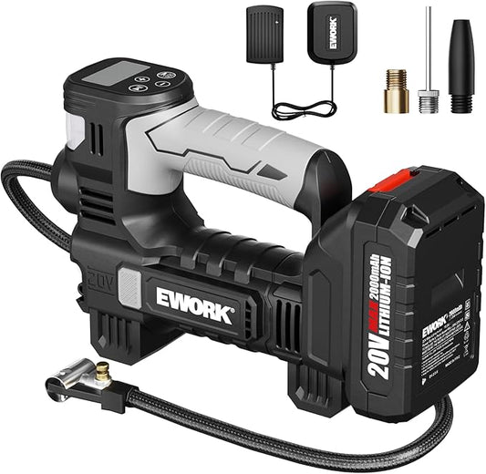 EWORK 20V Tire Inflator Portable Air Compressor, Cordless Car Tire Pump with 2.0Ah Battery, 150 PSI, Inflates in 3 Mins, +/-0.5 PSI Accuracy, Auto-Stop & Rubber Grip for Car, Motorcycle, Bike