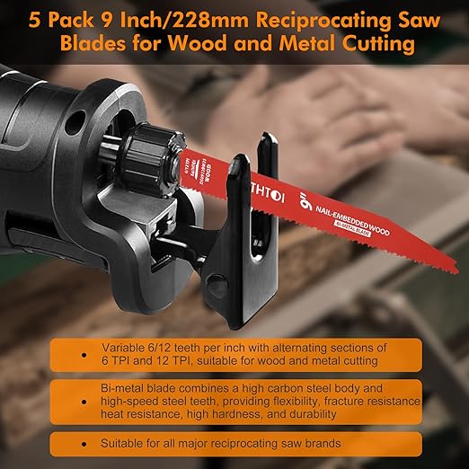 5 Pack 9 Inch 6/12 Tpi Reciprocating Saw Blades for Wood and Nail-Embedded Wood Cutting, Bi-Metal Sawzall Blades with 8% Cobalt for Longer Life and Faster Cutting Speed