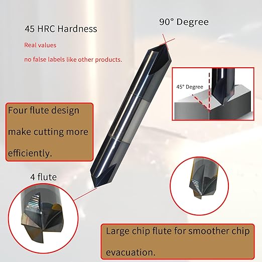 1/2" Chamfer Mill Solid Carbide End Mill,1/2" Cutting Diameter, 3" Overall Length, 4 Flute, 90째 Chamfer Angle, Chamfer Mill, Double End,AlTiN Coated,for Medium Hardness Materials