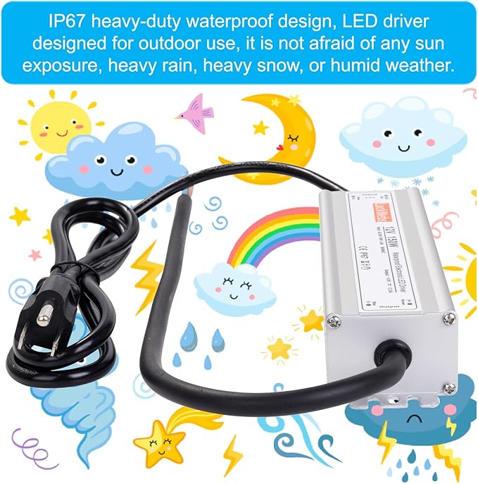 LED Driver 12V150W Waterproof Switching Power Supply AC90-130V to DC 12V12.5A Low-Voltage Transformer IP67 Converter Suitable for Indoor Outdoor LED Strip Lights and 12V DC Devices