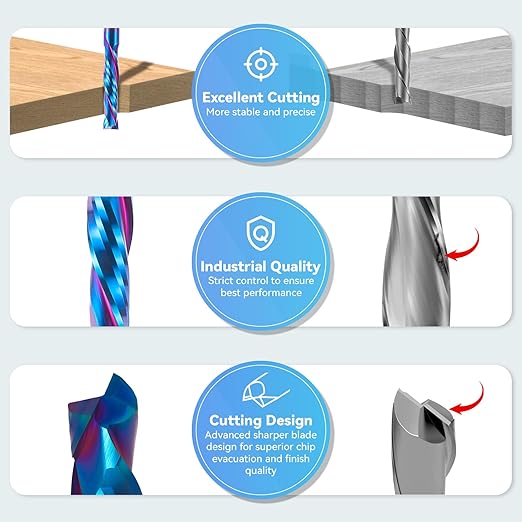 HQMaster Extra Long Spiral Router Bit Up & Down Cut 1/4 Inch Shank Solid Carbide CNC Router Bit with Nano Blue Coating CNC Bits End Mill for Woodwork Mortise Slot Trim
