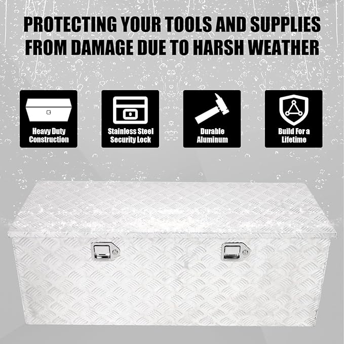 confote 48 Inch Heavy Duty Aluminum Stripes Plated Tool Box Pick Up Truck Bed RV Trailer Toolbox Square Storage Organizer with Side Handle, Lock and Keys, Waterproof -48" x 19.5" x 17.5"，Silver