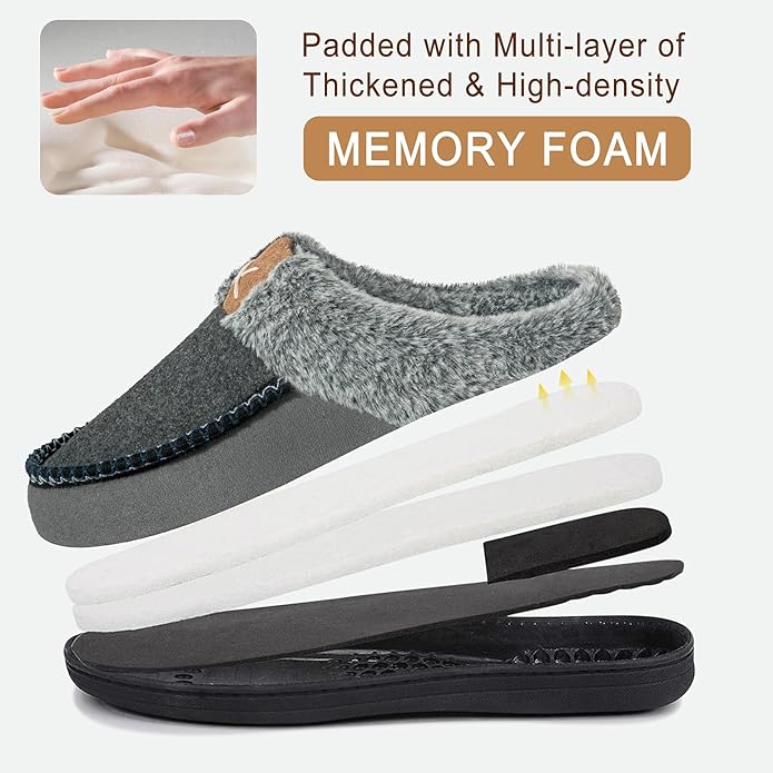 Homitem Mens Slippers Moccasins Memory Foam Fuzzy Slippers for Men Wool-Like Plush Fleece Lined House Shoes Indoor Outdoor Anti-Skid Rubber Sole Home Bedroom