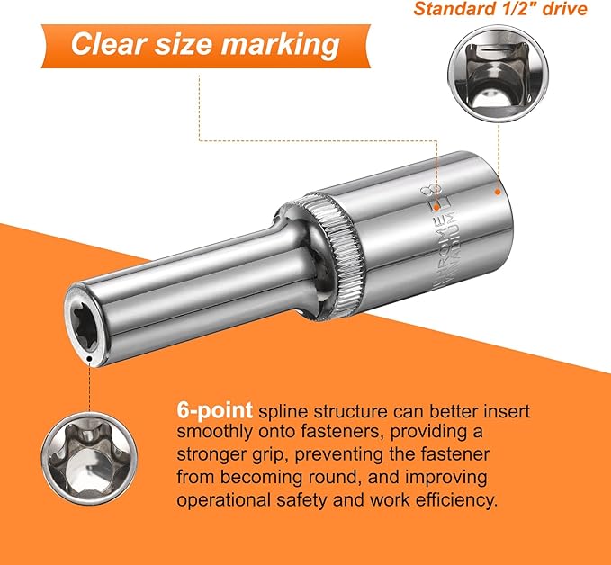 HARFINGTON 2pcs E-Torx Socket 1/2" Drive E8 Star Female Socket 3.1" Length External Torx Deep Sleeve Chrome Plating 6 Point Spline Sleeve for Auto Repairs Home Maintenance