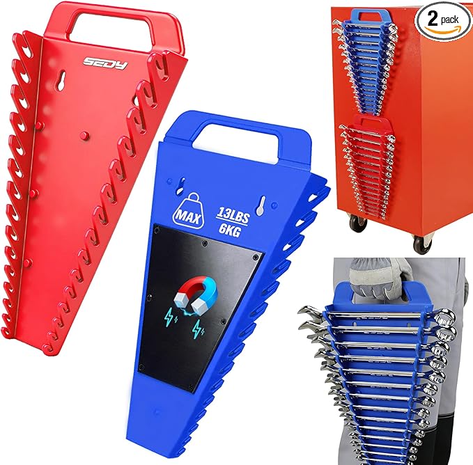 SEDY 2-Pack Magnetic Wrench Organizer with Non-Slip Handle, 24-Slot Heavy-Duty Wrench Rack Holders for Toolbox & Drawer Storage, Fits SAE 1/4"-1-1/16" and Metric 6mm-24mm Wrenches