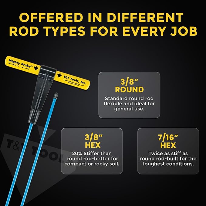 T&T Tools 48-Inch Mighty Probe Insulated Metal Soil Probe ??3/8" Metal Round Rod, Heavy Duty Design for Easy Penetration & Withdrawal, Soil Testing & Landscaping Tools, T-Handle, USA-Made-6 Pack